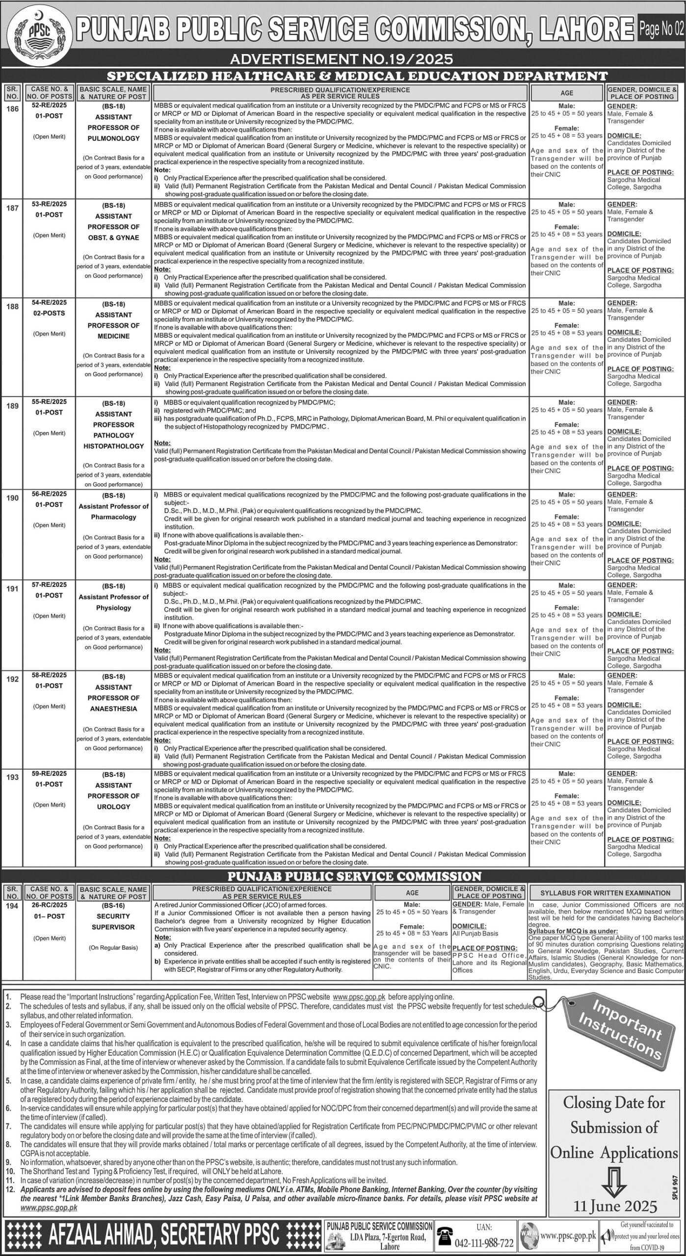 PPSC Job Vacancies Ad No. 19/2025