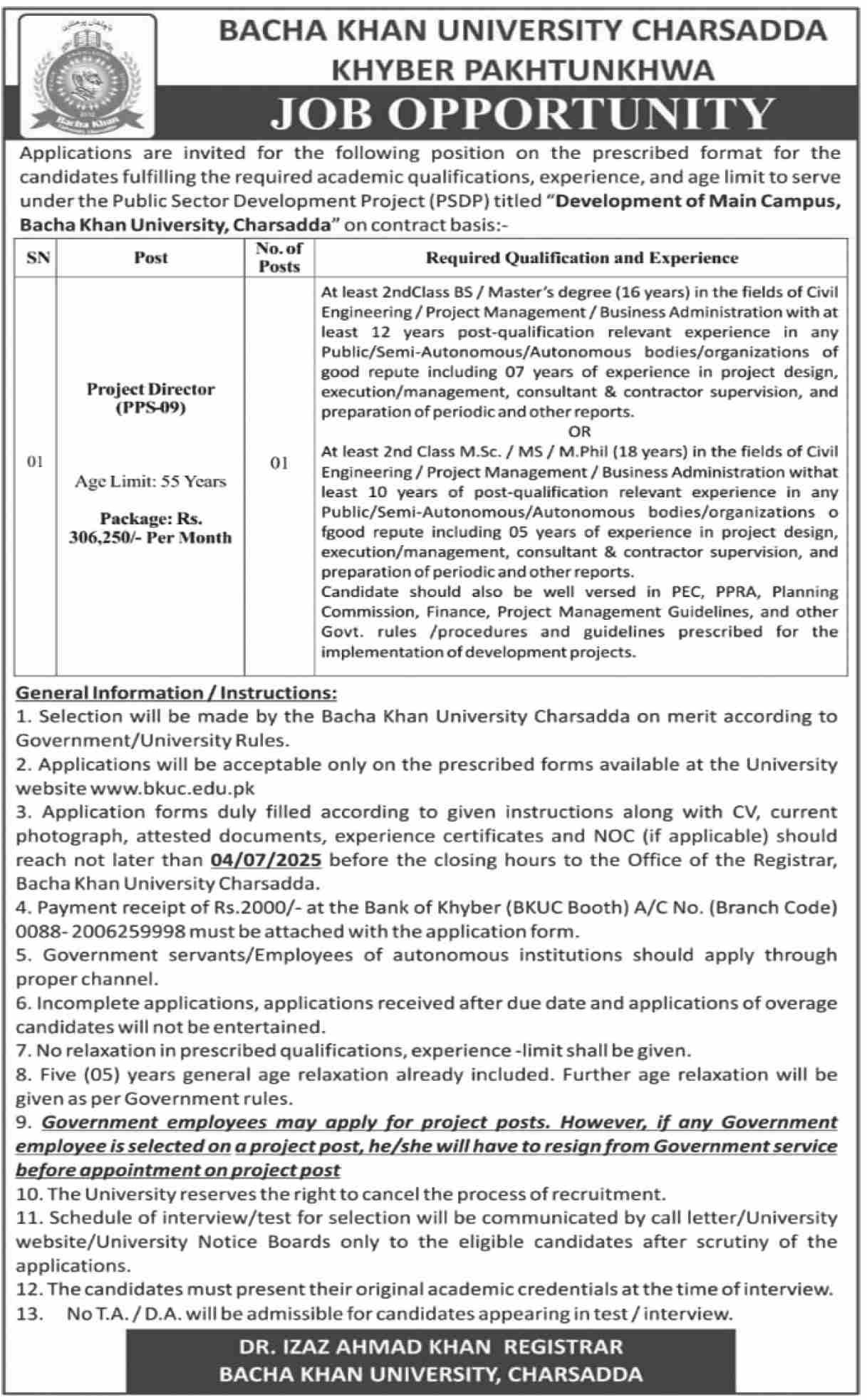 Bacha Khan University BKUC Job Vacancies 2025