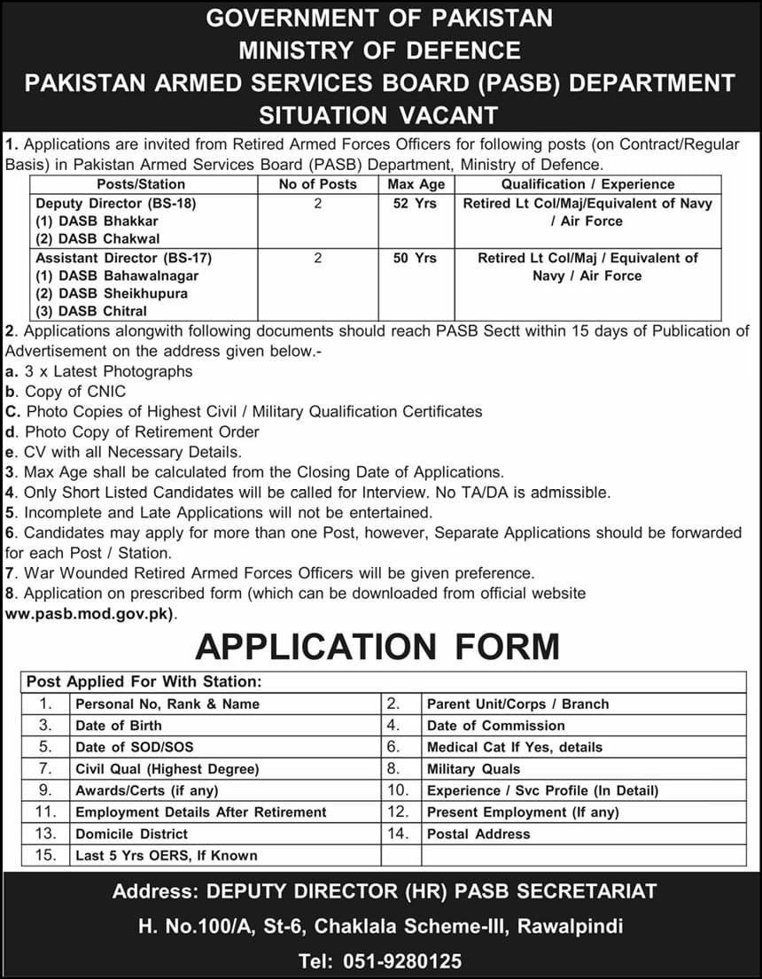 Pakistan Armed Services Board PASB Job Vacancies 2025