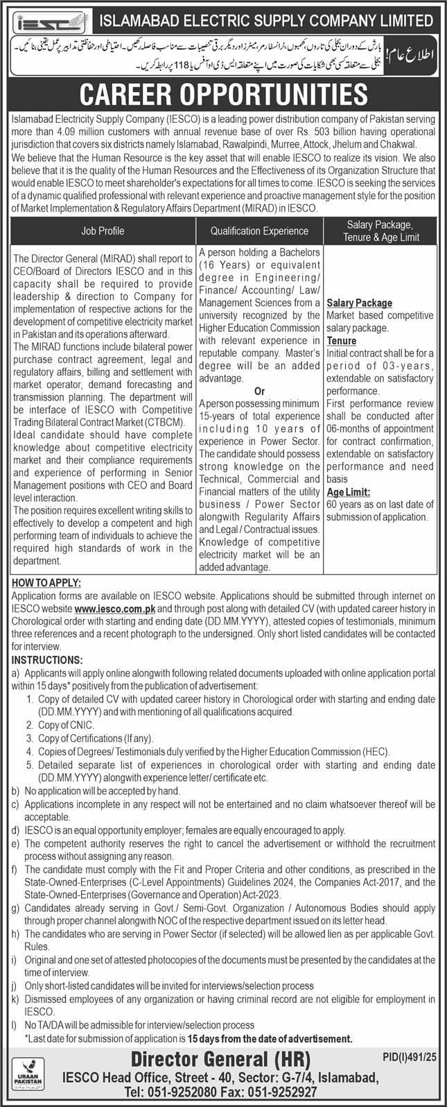 Islamabad Electric Supply Company Limited IESCO Job Vacancies 2025