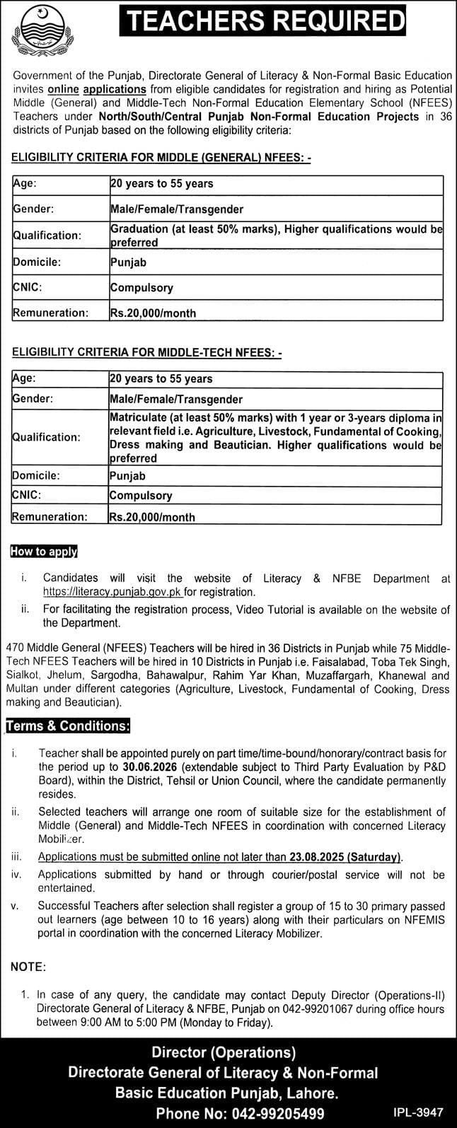 Punjab Literacy & Non-Formal Job Vacancies 2025