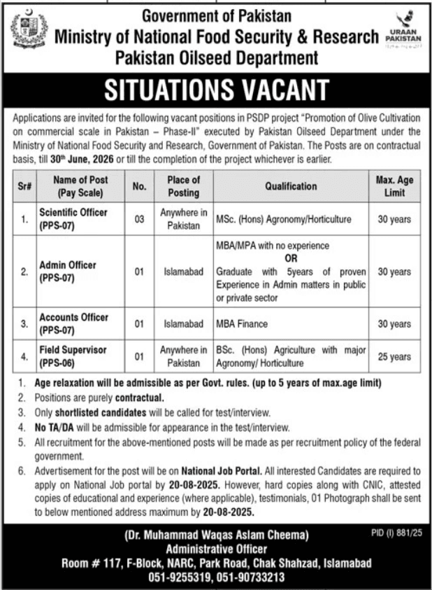 Ministry of National Food Security and Research MNFSR Job Vacancies 2025